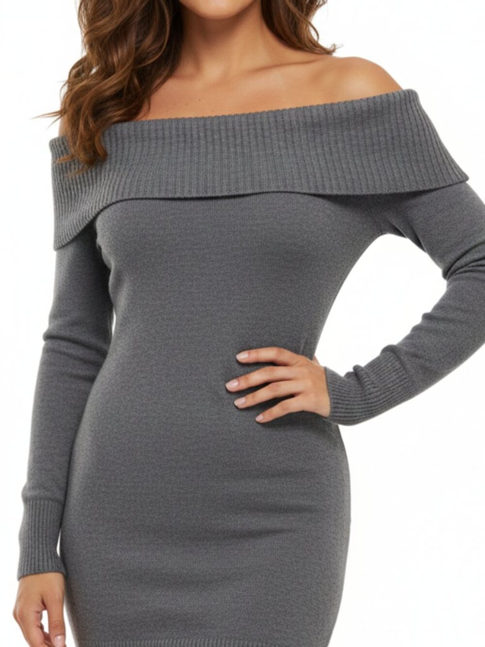 Seven Sisters Grey Off the Shoulder Sweater Dress Girly Cute Neutral Size S